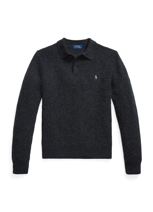 Ralph Lauren Grofgebreide trui in wolblend met polokraag - voorkant 4 dark granite heather / donkergrijs
