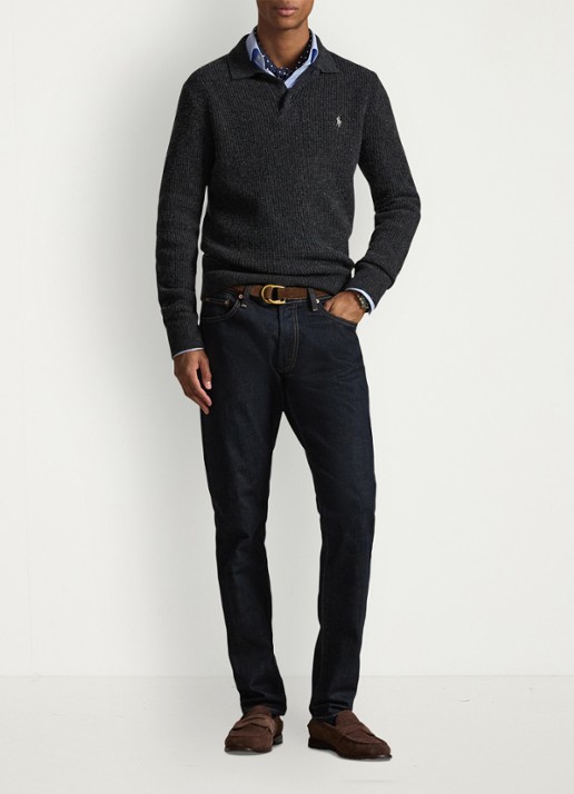 Ralph Lauren Grofgebreide trui in wolblend met polokraag - voorkant 5 dark granite heather / donkergrijs