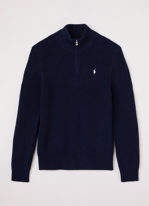 Ralph Lauren Grofgebreide trui met halve rits - voorkant donkerblauw