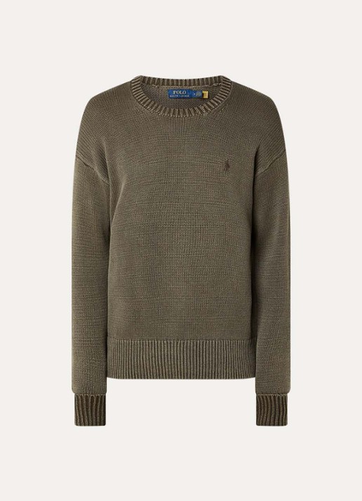 Ralph Lauren Grofgebreide trui met logoborduring - voorkant 3 company olive / groen
