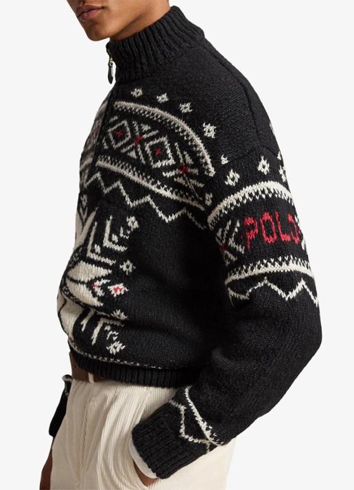 Ralph Lauren Grofgebreide trui van wol met ingebreid patroon en halve rits - detail 4 black combo / zwart