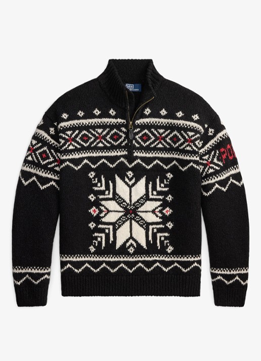 Ralph Lauren Grofgebreide trui van wol met ingebreid patroon en halve rits - voorkant black combo / zwart
