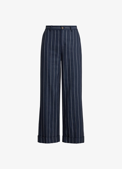 Ralph Lauren High waist cropped straight fit broek met streepprint - voorkant blauw