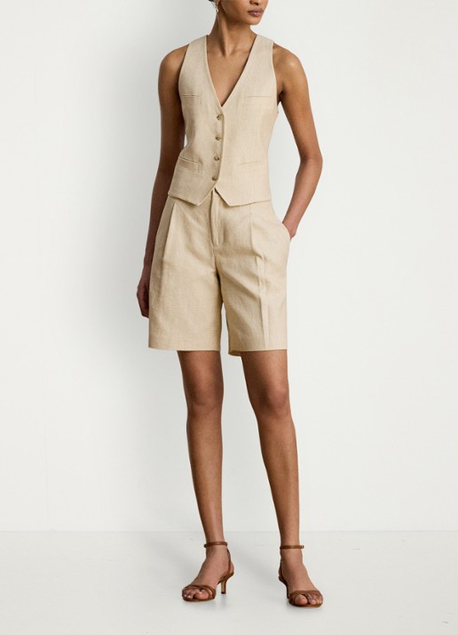 Ralph Lauren High waist loose fit korte pantalon met steekzakken - voorkant 2 tan/cream multi / crème