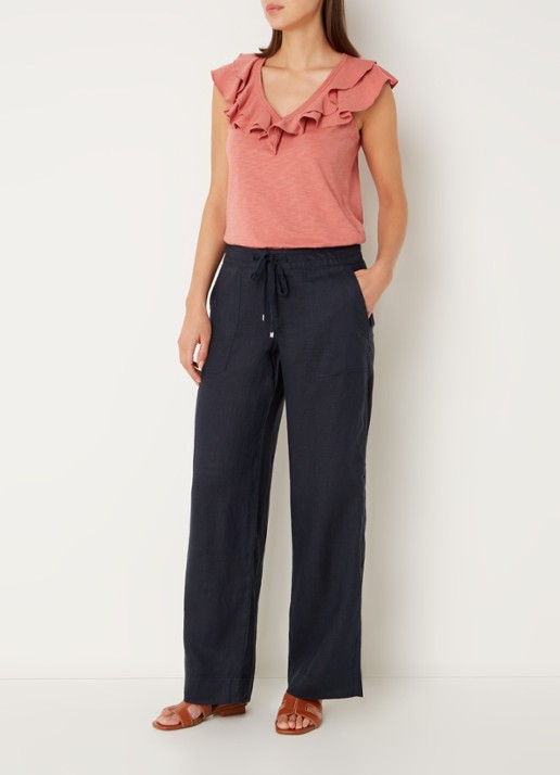 Ralph Lauren High waist loose fit pantalon van linnen - voorkant 2 lauren navy / donkerblauw