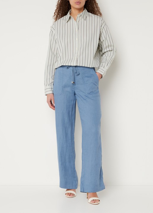 Ralph Lauren High waist loose fit pantalon van linnen - voorkant 3 pale azure / staalblauw