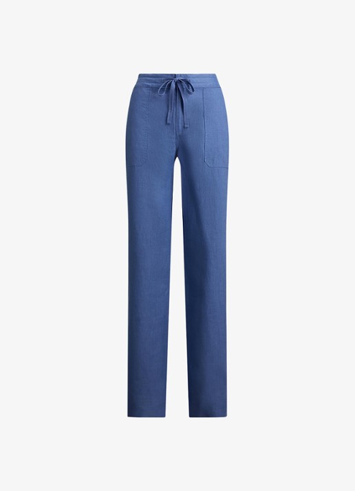 Ralph Lauren High waist loose fit pantalon van linnen - voorkant 4 carson blue / blauw