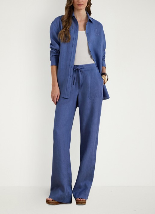 Ralph Lauren High waist loose fit pantalon van linnen - voorkant 5 carson blue / blauw