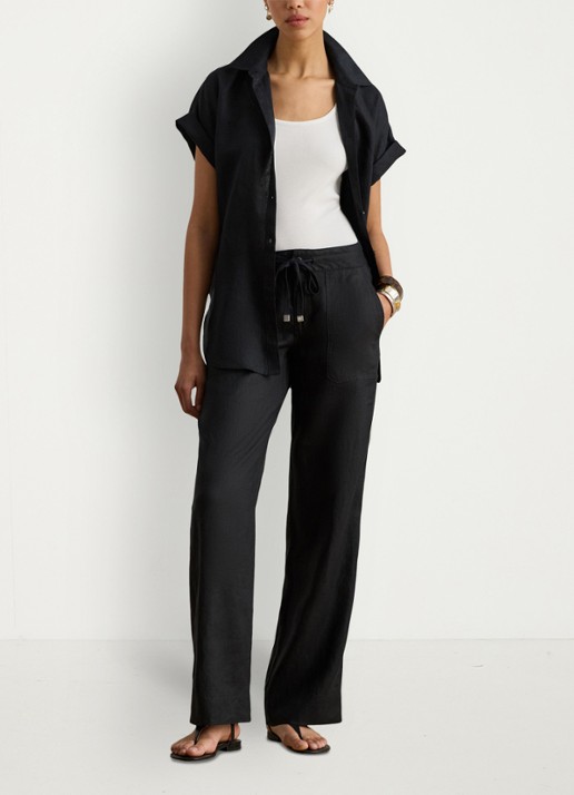 Ralph Lauren High waist loose fit pantalon van linnen - voorkant 4 polo black / zwart
