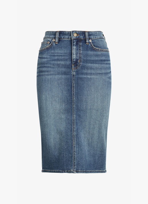 Ralph Lauren High waist midi spijkerrok met steekzakken - voorkant sunset indigo wash / indigo