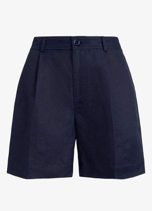 Ralph Lauren High waist straight fit korte broek in linnenblend - voorkant 4 lauren navy / donkerblauw