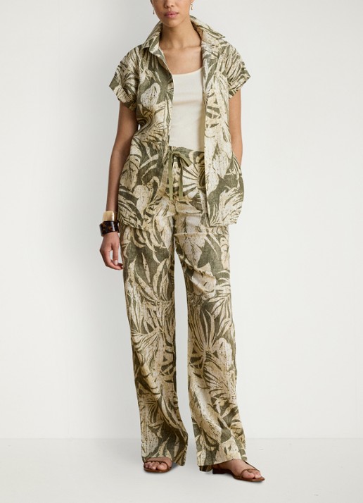 Ralph Lauren High waist wide fit broek van linnen met bladprint - voorkant 5 olive multi / groen