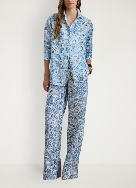 Ralph Lauren High waist wide fit broek van linnen met paisley dessin - voorkant 3 white/blue-2wxt
