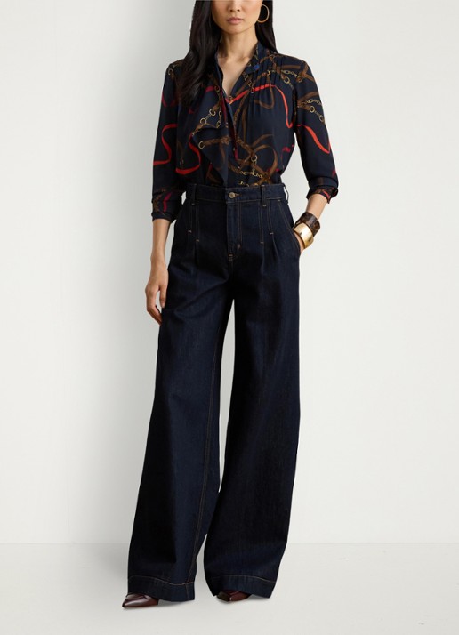 Ralph Lauren High waist wide fit jeans met plooidetails - voorkant 4 donkerblauw