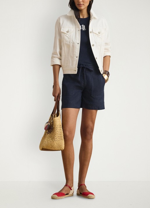 Ralph Lauren High waist wide fit korte broek van linnen - voorkant 4 lauren navy / donkerblauw