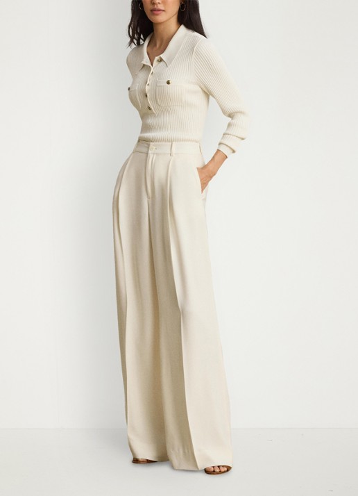 Ralph Lauren High waist wide fit pantalon met steekzaken - voorkant 5 mascarpone crème / crème