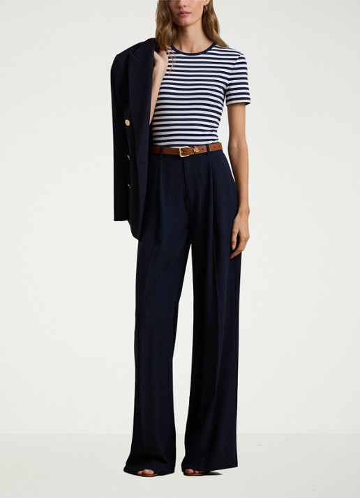 Ralph Lauren High waist wide fit pantalon met steekzakken en persplooi - voorkant 2 donkerblauw