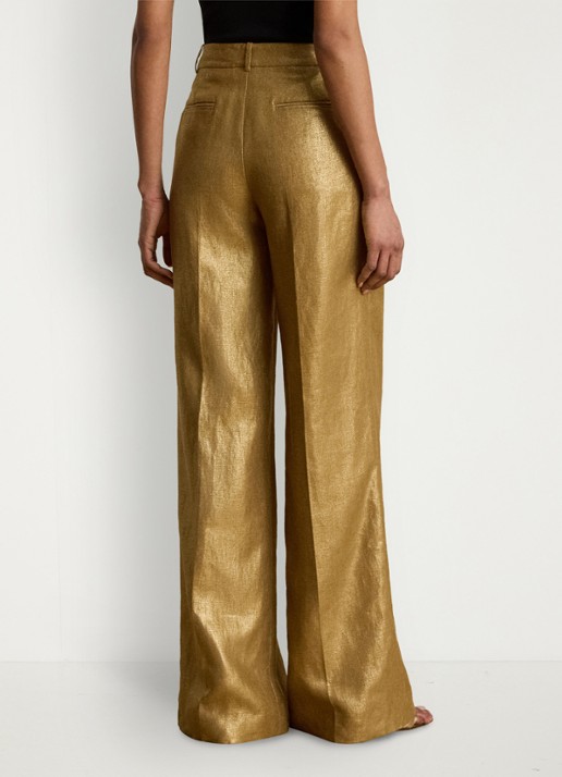 Ralph Lauren High waist wide fit pantalon van linnen met metallic finish - achterkant brown/gold foil / bruin