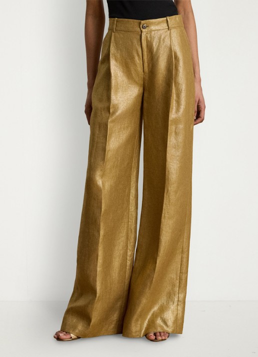 Ralph Lauren High waist wide fit pantalon van linnen met metallic finish - detail 4 brown/gold foil / bruin