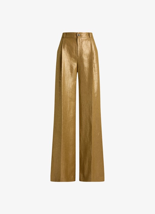 Ralph Lauren High waist wide fit pantalon van linnen met metallic finish - voorkant 2 brown/gold foil / bruin
