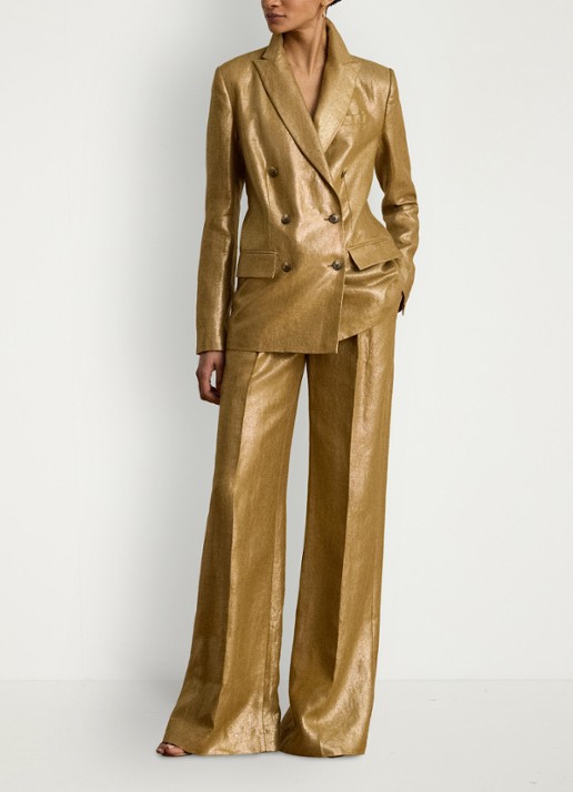 Ralph Lauren High waist wide fit pantalon van linnen met metallic finish - voorkant 3 brown/gold foil / bruin