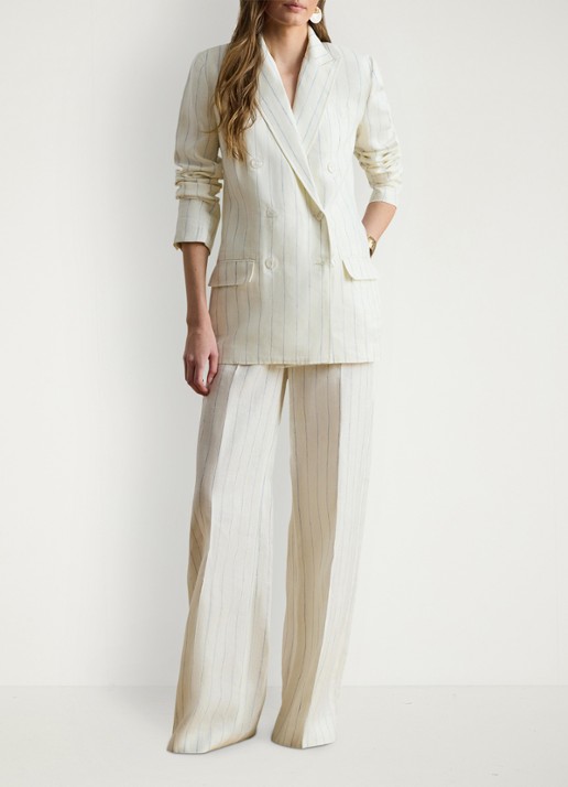 Ralph Lauren High waist wide fit pantalon van linnen met streepprint - voorkant 3 white/blue multi-2wxu