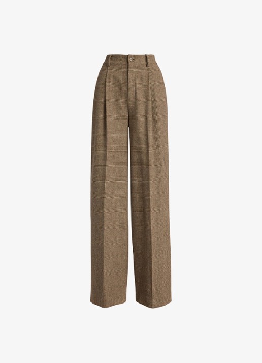 Ralph Lauren High waist wide fit pantalon van wol en ruitdessin - voorkant brown/tan multi / bruin
