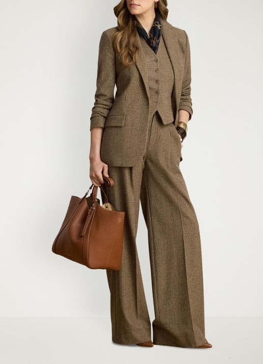 Ralph Lauren High waist wide fit pantalon van wol en ruitdessin - voorkant 2 brown/tan multi / bruin
