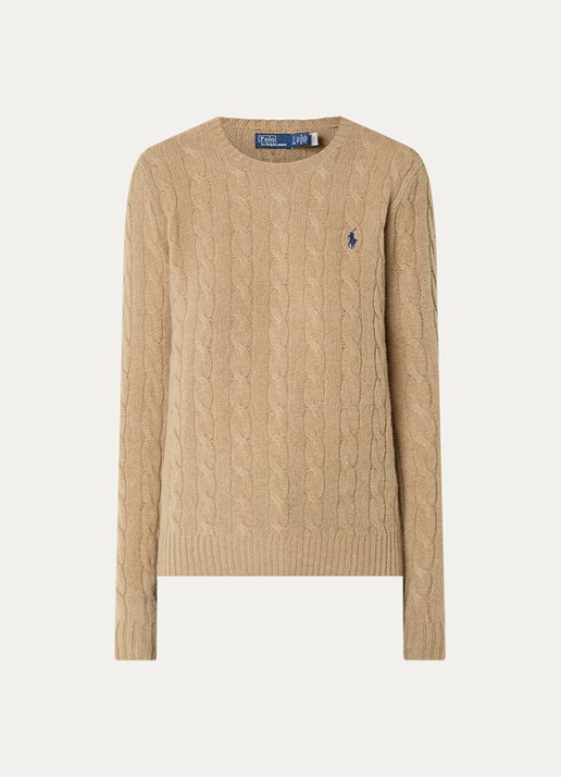 Ralph Lauren Julianna kabelgebreide pullover in kasjmieblend met logoborduring - voorkant camel