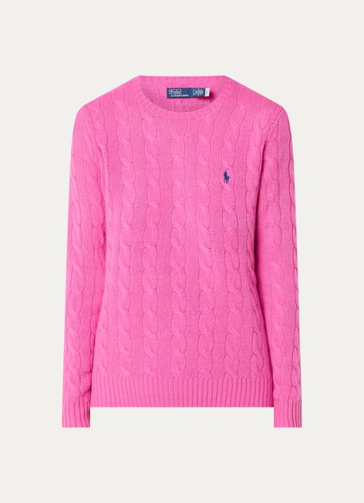 Ralph Lauren Julianna kabelgebreide pullover in kasjmieblend met logoborduring - voorkant roze