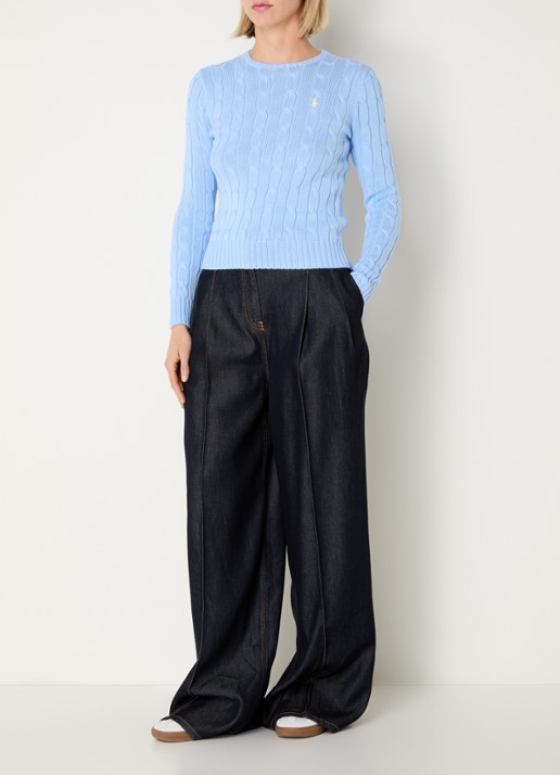 Ralph Lauren Julianna kabelgebreide pullover met logoborduring - voorkant 2 staalblauw