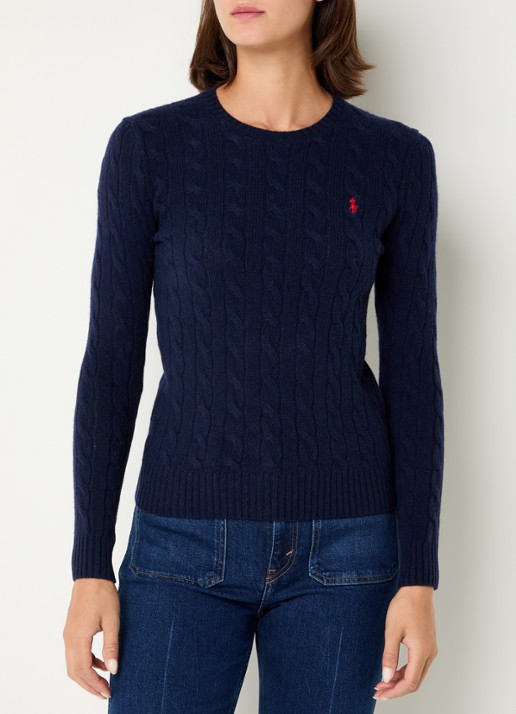 Ralph Lauren Julianna kabelgebreide trui in kasjmierblend met logoborduring - detail 4 donkerblauw