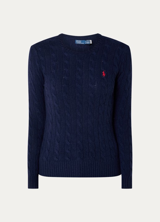 Ralph Lauren Julianna kabelgebreide trui in kasjmierblend met logoborduring - voorkant donkerblauw