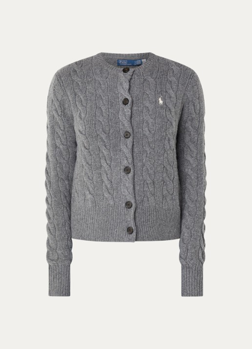 Ralph Lauren Kabelgebreid vest in kasjmierblend met logoborduring - voorkant grijs