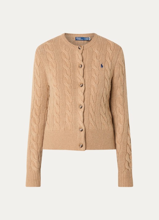 Ralph Lauren Kabelgebreid vest in kasjmierblend - voorkant 2 camel