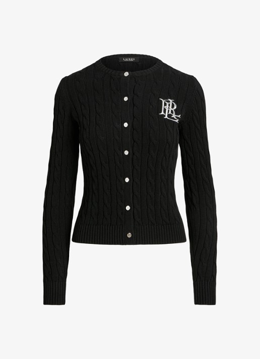 Ralph Lauren Kabelgebreid vest met logoborduring - voorkant 2 black / zwart