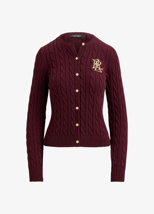 Ralph Lauren Kabelgebreid vest met logoborduring - voorkant 2 dark garnet / bordeauxrood
