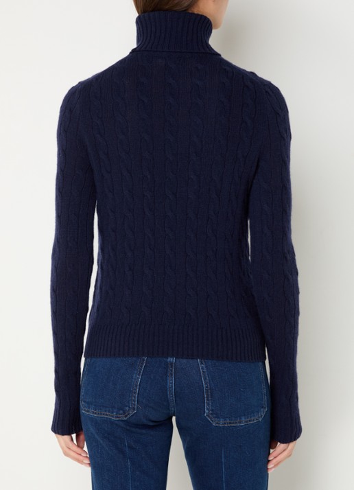 Ralph Lauren Kabelgebreide coltrui in kasjmierblend met logoborduring - achterkant 5 hunter navy / donkerblauw