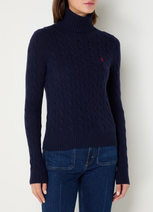 Ralph Lauren Kabelgebreide coltrui in kasjmierblend met logoborduring - detail hunter navy / donkerblauw