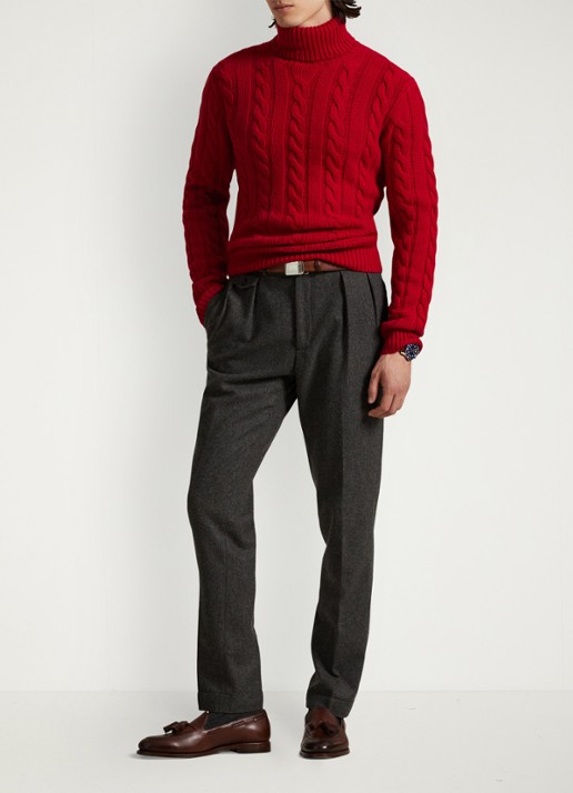 Ralph Lauren Kabelgebreide coltrui in kasjmierblend - voorkant 7 park ave red / rood