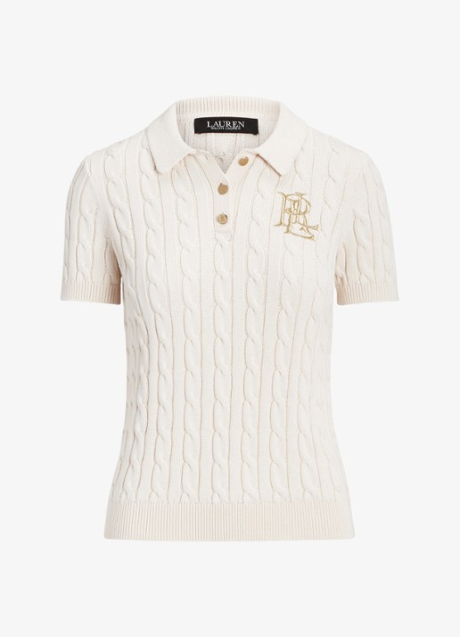 Ralph Lauren  Kabelgebreide polo met logoborduring - voorkant 3 mascarpone cream / beige