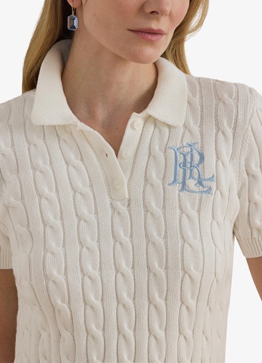 Ralph Lauren  Kabelgebreide polo met logoborduring - detail 2 wit