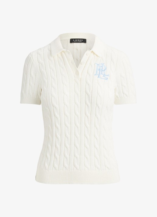 Ralph Lauren  Kabelgebreide polo met logoborduring - voorkant 3 wit