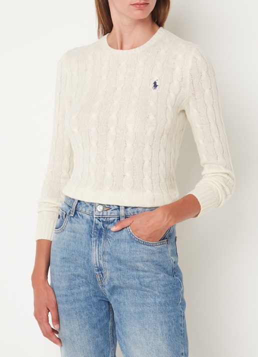 Ralph Lauren Kabelgebreide pullover in kasjmierblend met logoborduring - detail 4 gebroken wit