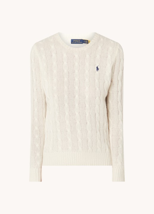 Ralph Lauren Kabelgebreide pullover in kasjmierblend met logoborduring - voorkant gebroken wit