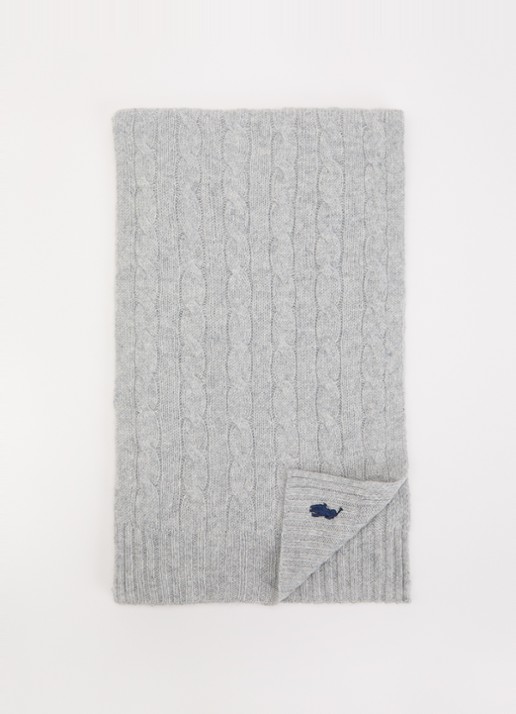 Ralph Lauren kabelgebreide sjaal in kasjmierblend 180 x 30 cm - voorkant 3 grijsmele