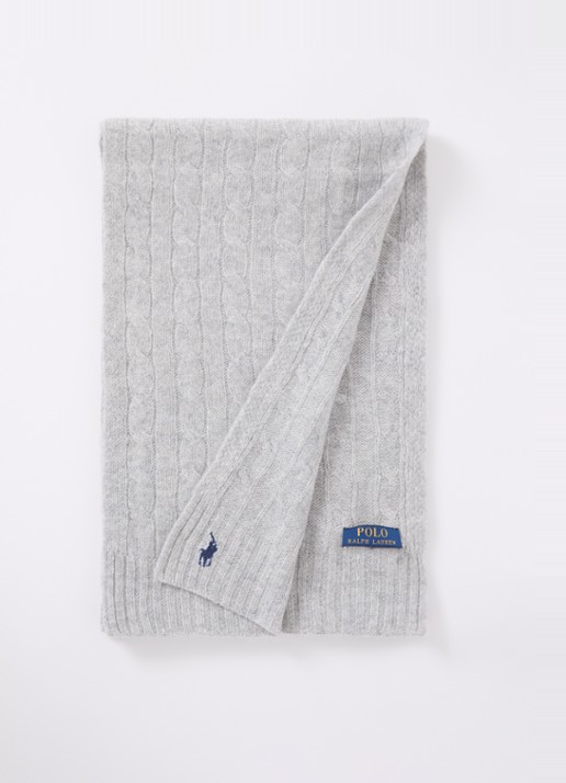 Ralph Lauren Kabelgebreide sjaal in kasjmierblend 183 x 27 cm - voorkant 3 lichtgrijs