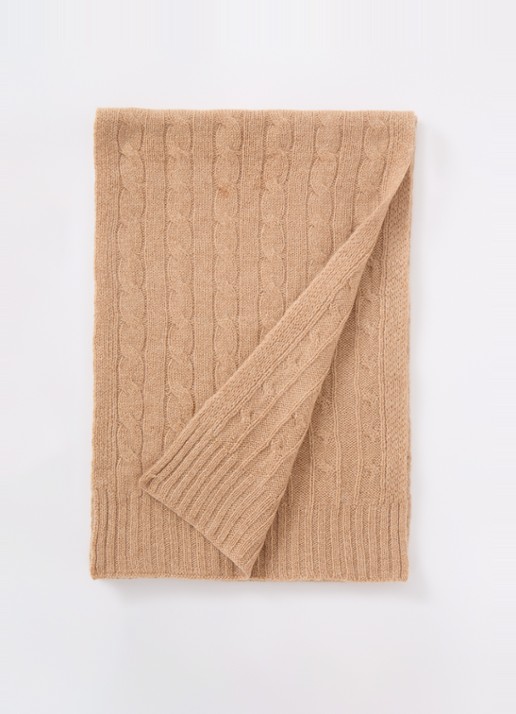 Ralph Lauren Kabelgebreide sjaal in kasjmierblend 183 x 27 cm - voorkant camel