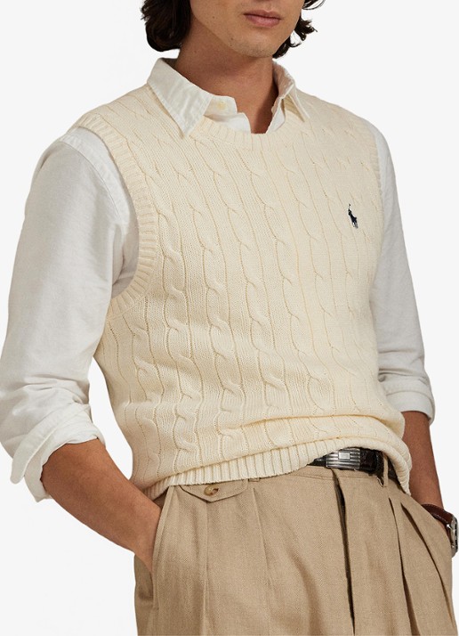 Ralph Lauren Kabelgebreide spencer met logo - voorkant 2 andover cream / crème