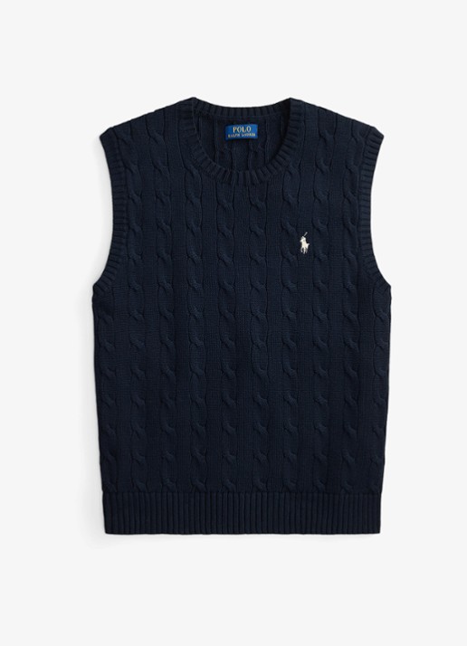 Ralph Lauren Kabelgebreide spencer met logo - voorkant hunter navy / donkerblauw